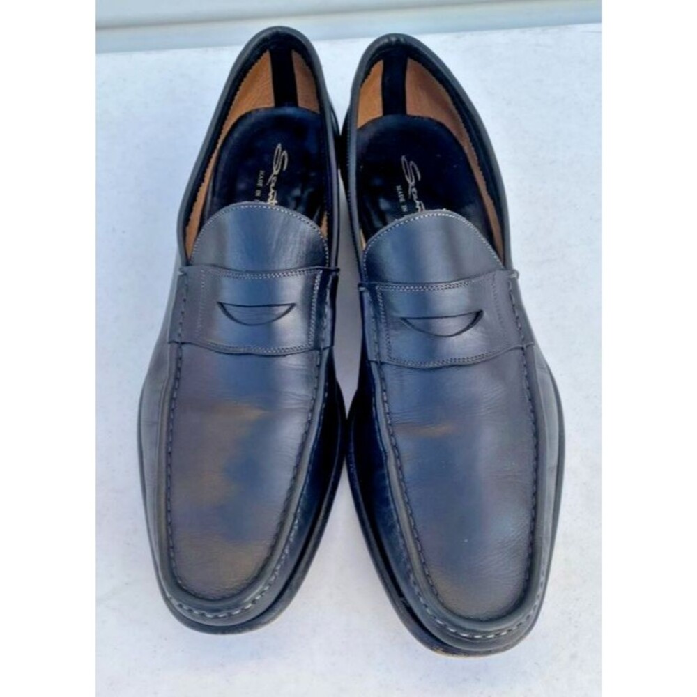 Santoni Black Leather Penny Loafers Made In Italy Dress Slip On Shoes -Size 12 D